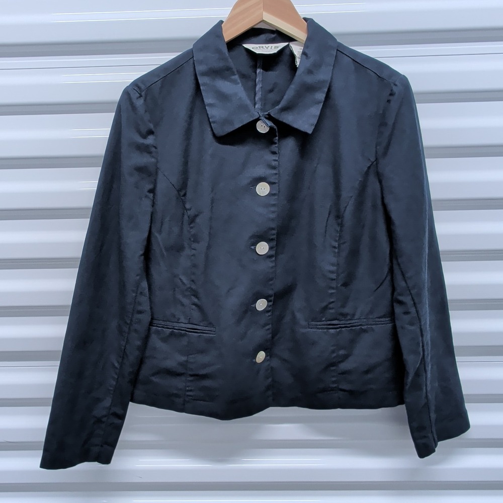 Orvis Jacket Size 10 Womens Navy Blue Linen Cotton Blend Button Up Blazer L-15 — photo 2